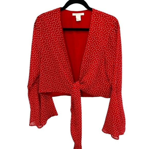 urban Outfitters Tops - Urban Outfitters Red White Star Tie-Front Bell-Sleeve Cropped Top Size Large